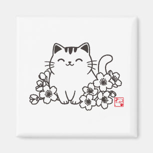 Cute Japanese Cat and Sakura with "Neko" Stamp Magnet