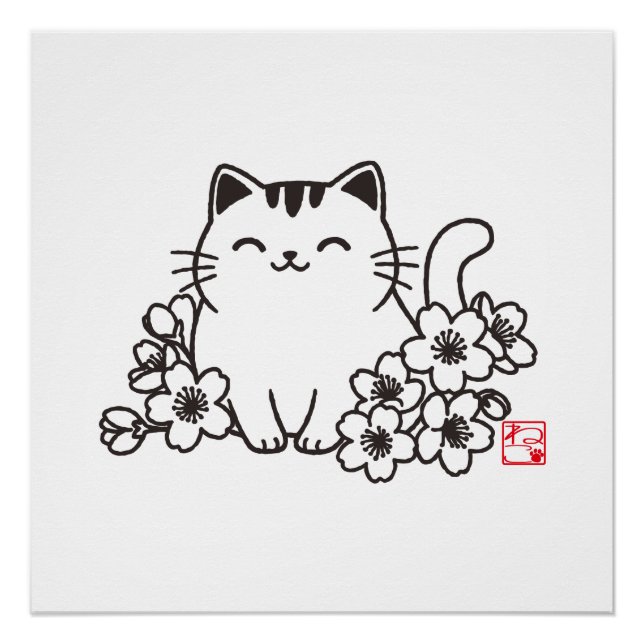 Cute Japanese Cat and Sakura with "Neko" Stamp Poster (Front)