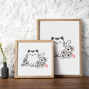 Cute Japanese Cat and Sakura with "Neko" Stamp Poster