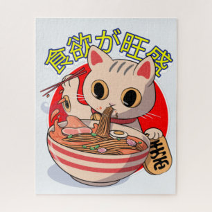 Cute Japanese Cat Eating Noodles with Chopsticks Jigsaw Puzzle