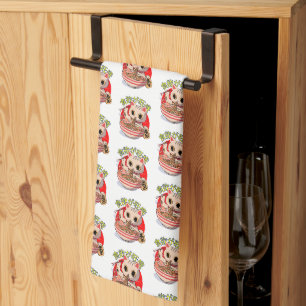 Cute Japanese Cat Eating Noodles with Chopsticks Tea Towel
