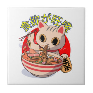 Cute Japanese Cat Eating Noodles with Chopsticks Tile