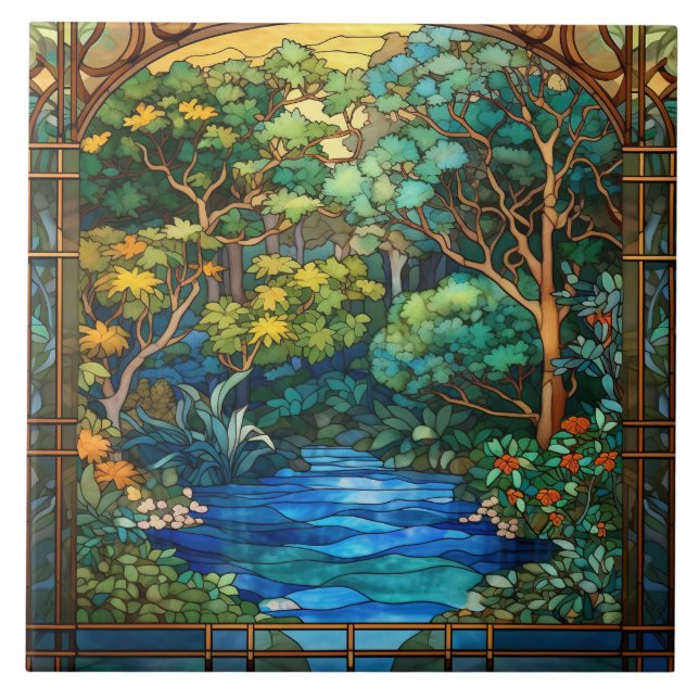 cute Japanese Garden faux stained glass  Tile (Front)