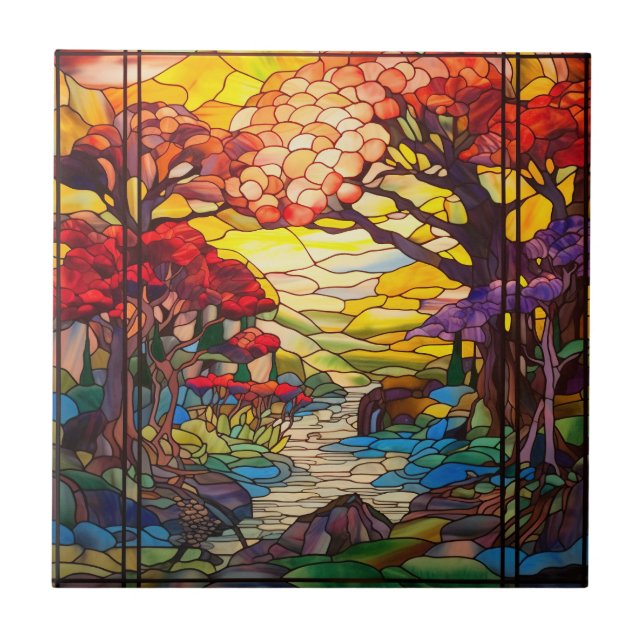 cute Japanese Garden faux stained glass  Tile (Front)
