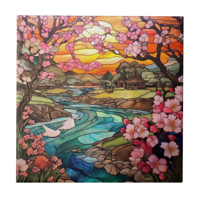 cute Japanese Garden faux stained glass  Tile (Front)