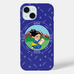 Cute Japanese Girl Painting Landscape Blue iPhone 15 Case