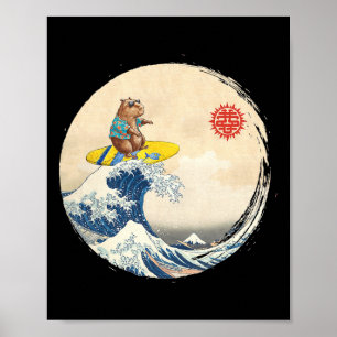 Cute Japanese Great Wave Kanagawa Surfing Capyra Poster