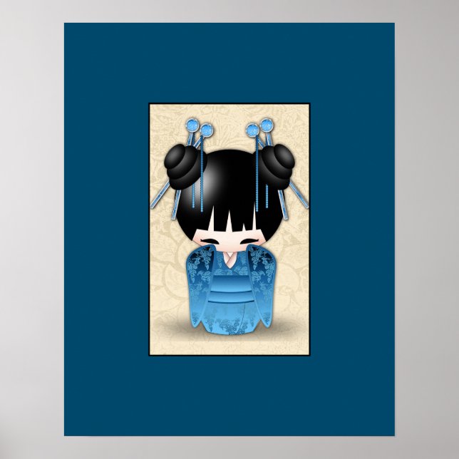 Cute Japanese Kokeshi Doll Dressed In Blue Poster (Front)