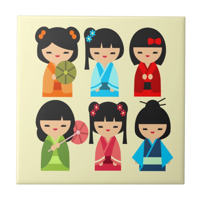 Cute Japanese Kokeshi doll pattern Tile (Front)