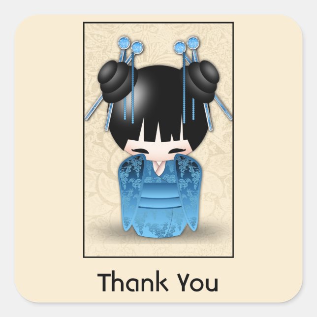 Cute Japanese Kokeshi Doll Thank You Square Sticker (Front)