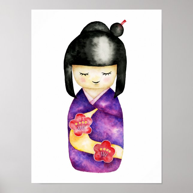 Cute Japanese Kokeshi Doll Watercolor Illustration Poster (Front)