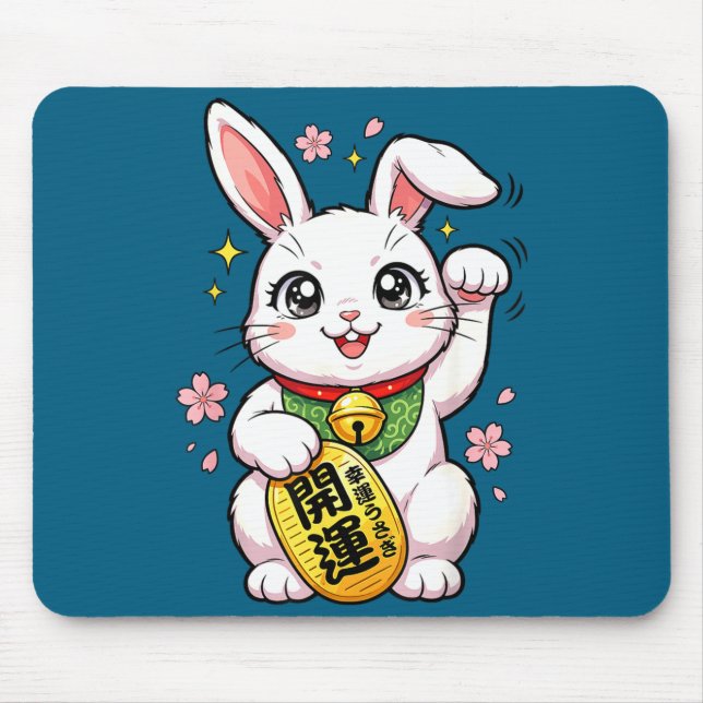 Cute Japanese Lucky Rabbit Maneki Neko Mouse Pad (Front)