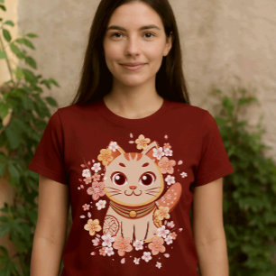 Cute Japanese Neko Cat with Cherry Blossoms T-Shirt