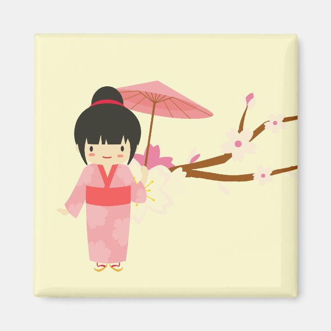 Cute Japanese pink Cherry Blossom Geisha Magnet (Front)