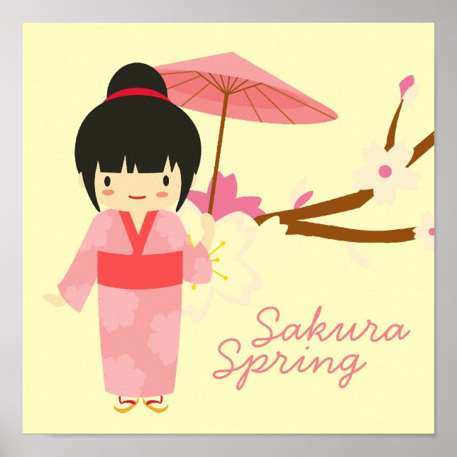 Cute Japanese pink Cherry Blossom Geisha Poster (Front)