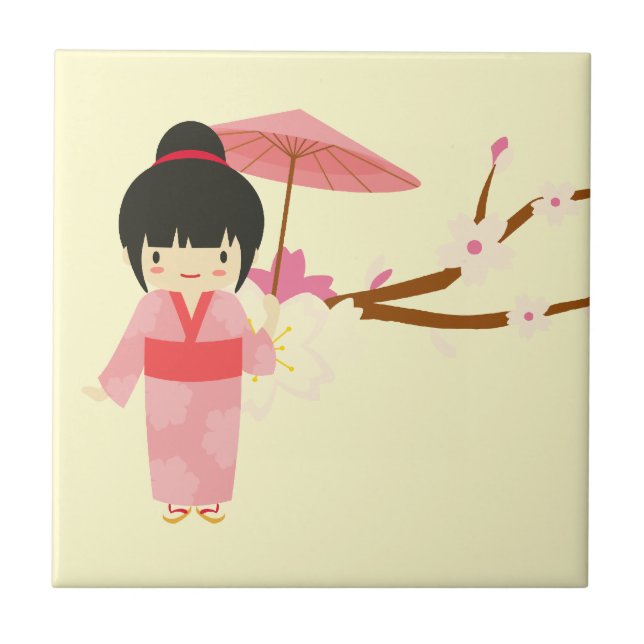 Cute Japanese pink Cherry Blossom Geisha Tile (Front)