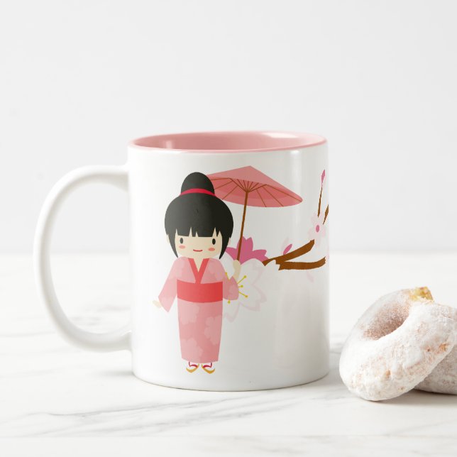 Cute Japanese pink Cherry Blossom Geisha Two-Tone Coffee Mug (With Donut)