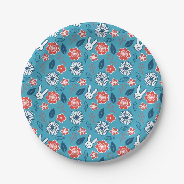 Cute Japanese Rabbit and Flower Pattern Paper Plate (Front)