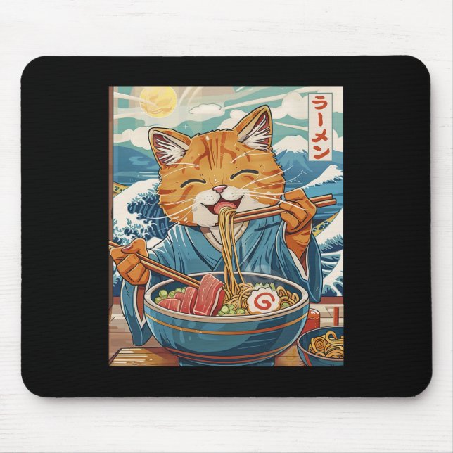 Cute Japanese Ramen Cat The Great Wave  Mouse Pad (Front)