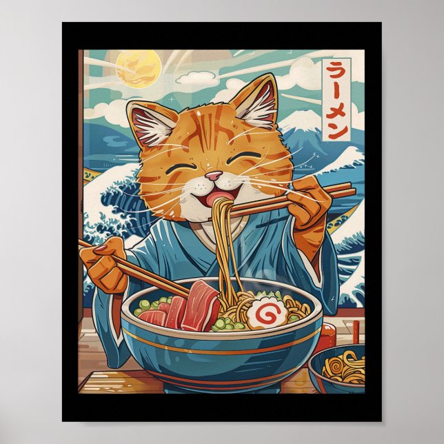 Cute Japanese Ramen Cat The Great Wave  Poster (Front)