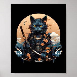 Cute Japanese Samurai Cat Shirt Tattoo 2023 Kawaii Poster