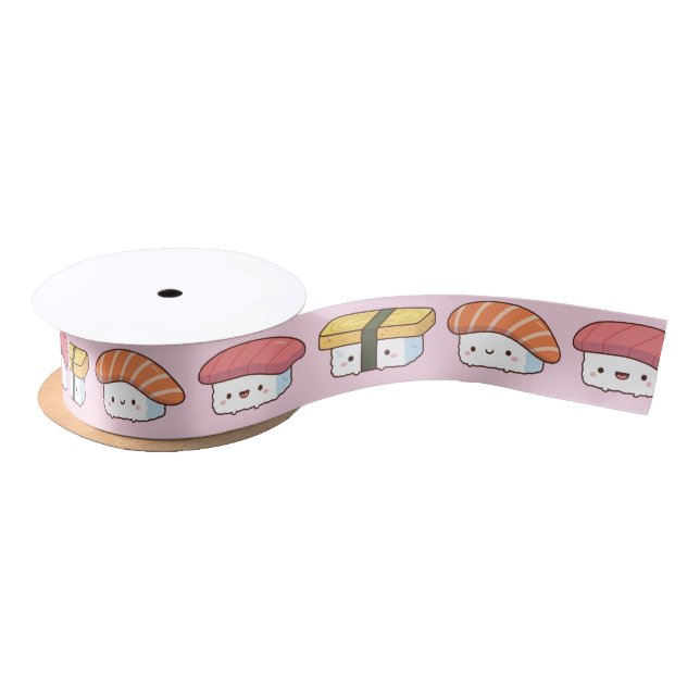 Cute Japanese Sushi Food Doodles Pink Satin Ribbon (Spool)