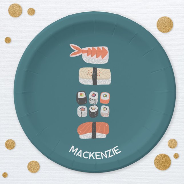 Cute Japanese Sushi Personalised Paper Plate (Fun Japanese sushi personalized party paper plates)