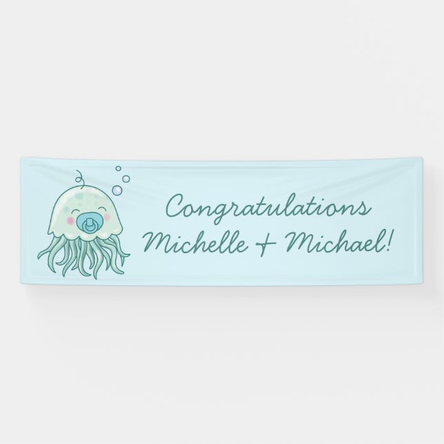 Cute Jellyfish Baby Shower Kawaii Blue Boy Banner (Horizontal)