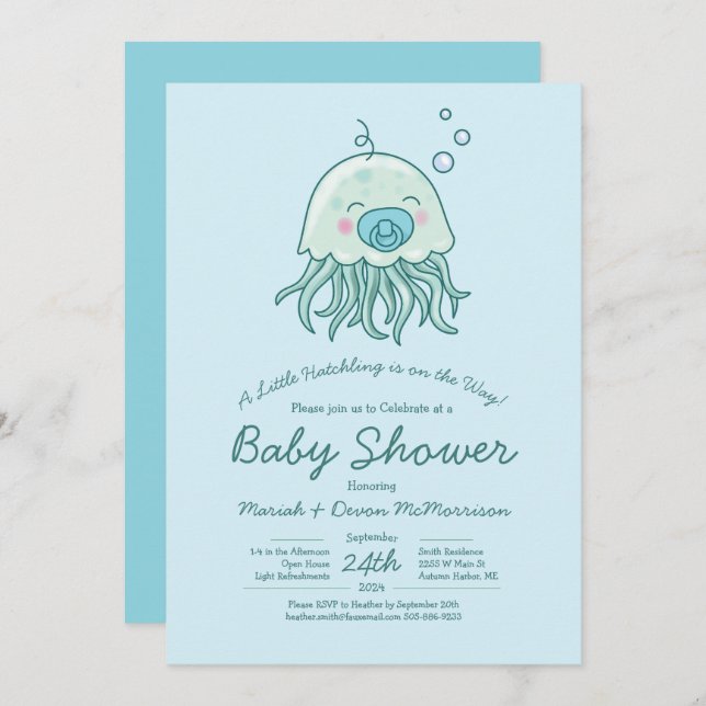 Cute Jellyfish Baby Shower Kawaii Blue Boy Invitation (Front/Back)