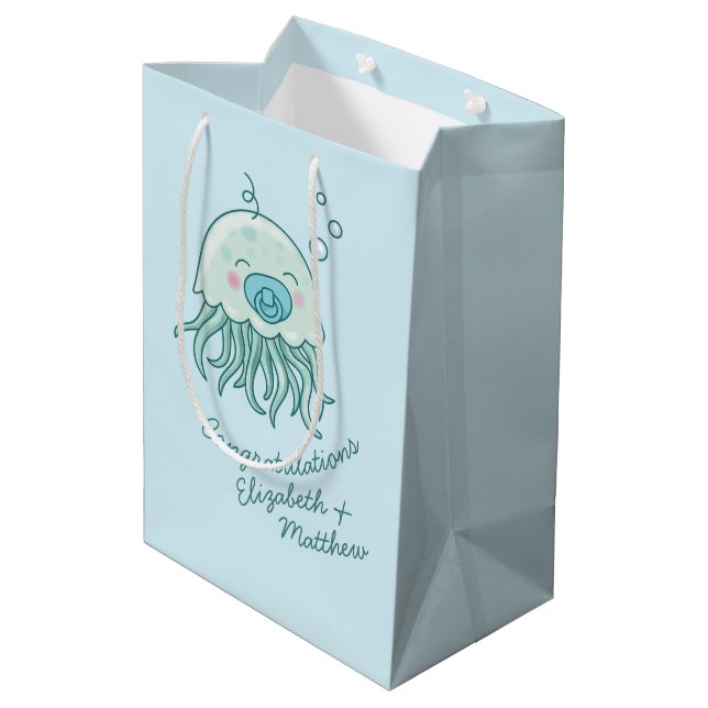 Cute Jellyfish Baby Shower Kawaii Blue Boy Medium Gift Bag (Back Angled)