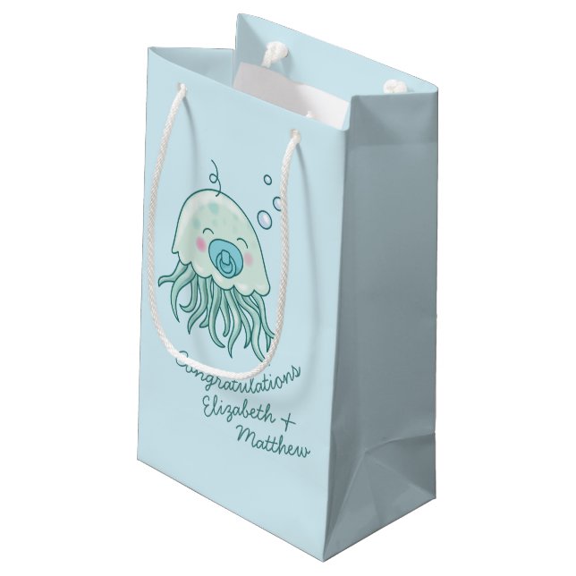 Cute Jellyfish Baby Shower Kawaii Blue Boy Small Gift Bag (Back Angled)
