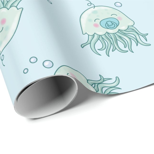 Cute Jellyfish Baby Shower Kawaii Blue Boy Wrapping Paper (Roll Corner)