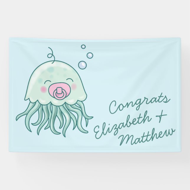 Cute Jellyfish Baby Shower Kawaii Pink Girl Banner (Horizontal)