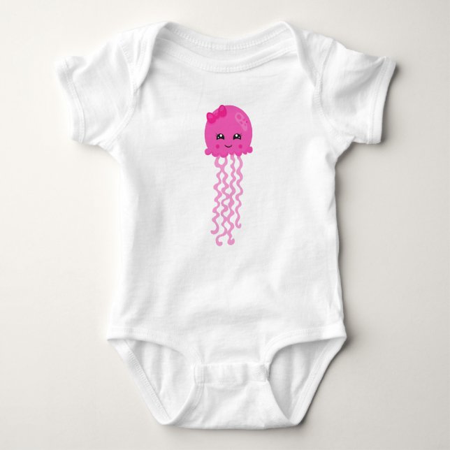 Cute Jellyfish, Little Jellyfish, Pink Jellyfish Baby Bodysuit (Front)