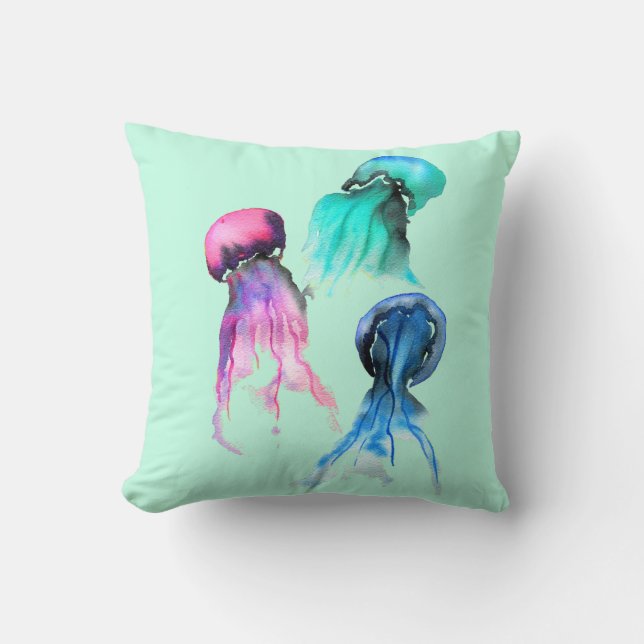 Cute jellyfish trio watercolor art cushion (Front)