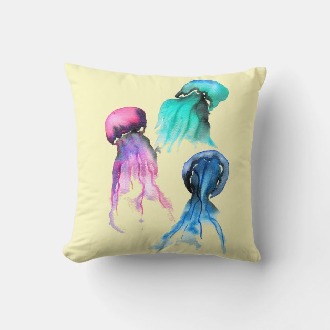 Cute jellyfish trio watercolor art cushion (Front)