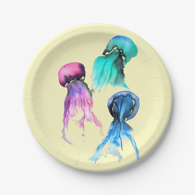 Cute jellyfish trio watercolor art paper plate (Front)