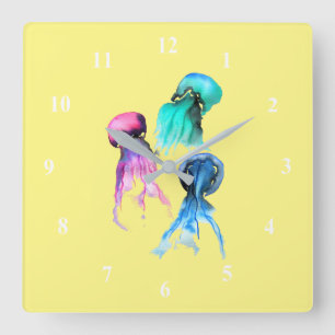 Cute jellyfish trio watercolor art square wall clock