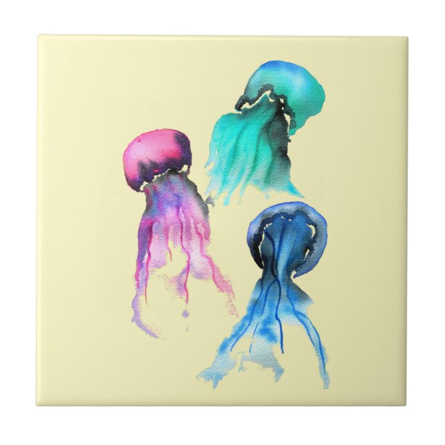 Cute jellyfish trio watercolor art tile (Front)