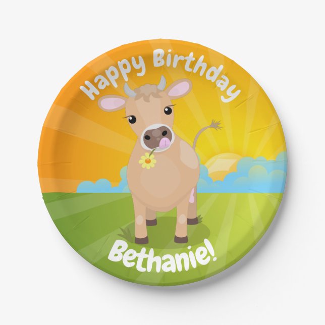 Cute Jersey cow personalised birthday Paper Plate (Front)