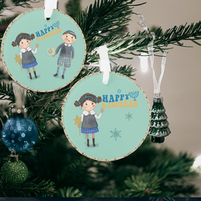 Cute Jewish Couple Happy Hanukkah Teal Ornament (Cute Jewish Couple Happy Hanukkah Teal Ornament)