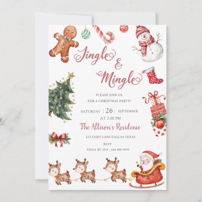  Cute  Jingle & Mingle Red Christmas Party  Invitation (Front)