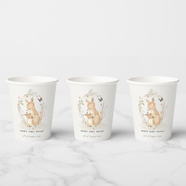 Cute Joey Mama Kangaroo Floral Wreath Baby Shower Paper Cups (Multi)