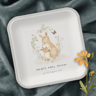 Cute Joey Mama Kangaroo Floral Wreath Baby Shower Paper Plate