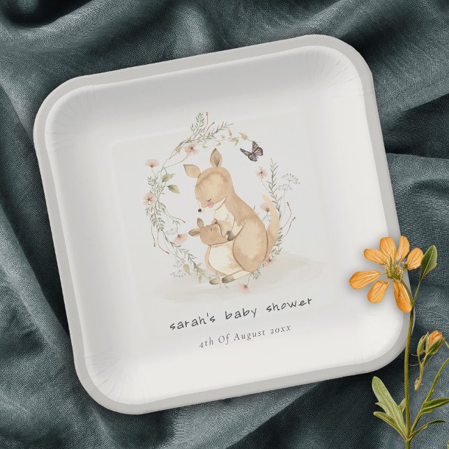 Cute Joey Mama Kangaroo Floral Wreath Baby Shower Paper Plate (Creator Uploaded)