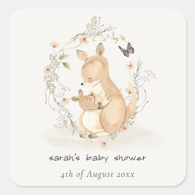 Cute Joey Mama Kangaroo Floral Wreath Baby Shower Square Sticker (Front)