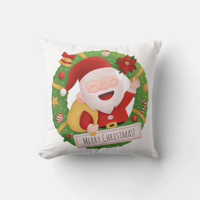 Cute Jolly Santa Claus Xmas Wreath Throw Pillow (Front)