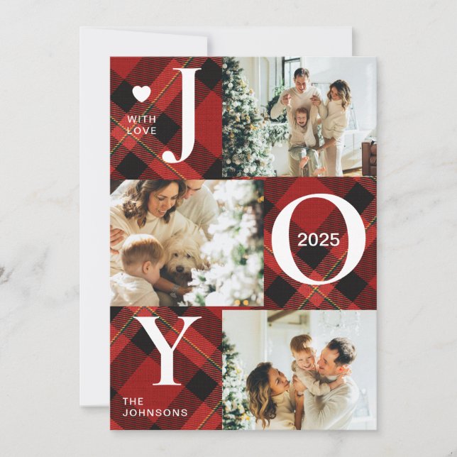 Cute Joy Red Tartan Plaid Photo Collage Christmas Holiday Card (Front)