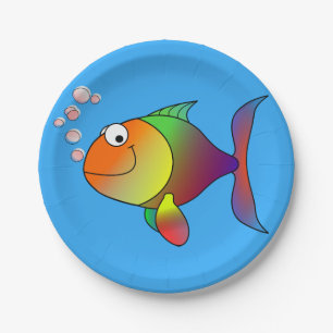 Cute Joyful Goldfish in Sea, Light Blue Paper Plate