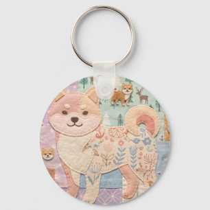 Cute Jpanese Shiba Inu Patchwork Floral Pattern Key Ring